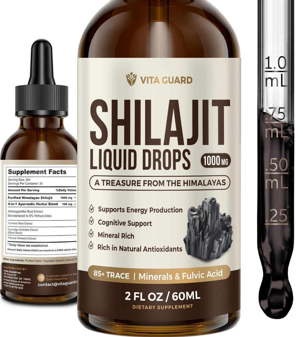Vita Guard Himalayan Shilajit liquid drops bottle close-up highlighting a mineral-rich formula for daily energy.