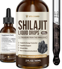 Vita Guard Himalayan Shilajit liquid drops bottle close-up highlighting a mineral-rich formula for daily energy.