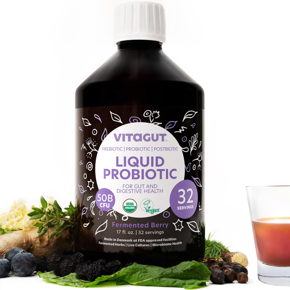 VITAGUT liquid probiotic bottle for daily gut support.