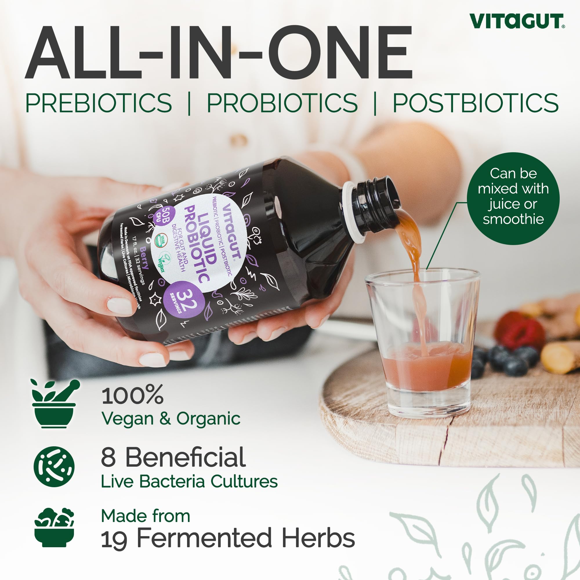 VITAGUT liquid probiotic pour into glass for easy daily intake.