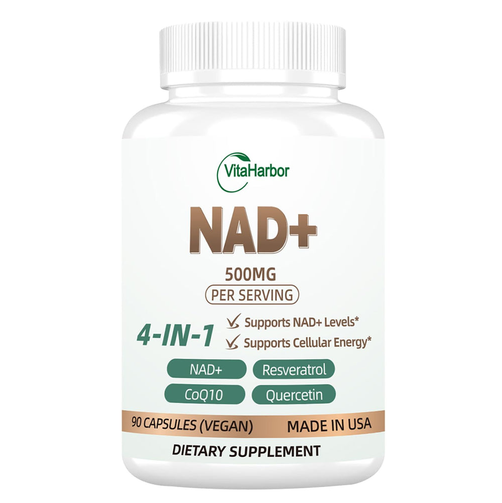 VitaHarbor NAD 500mg bottle with label highlighting vitality and energy