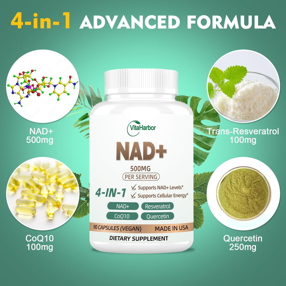 Close-up of VitaHarbor NAD capsules showing the 4-in-1 formula