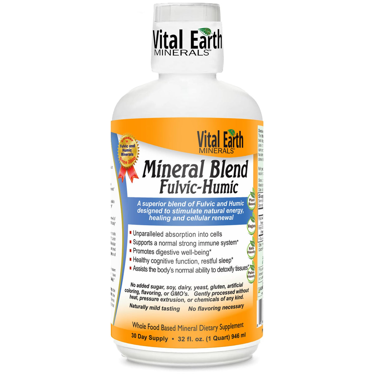 Vital Earth Minerals fulvic-humic liquid bottle for daily mineral balance and energy support