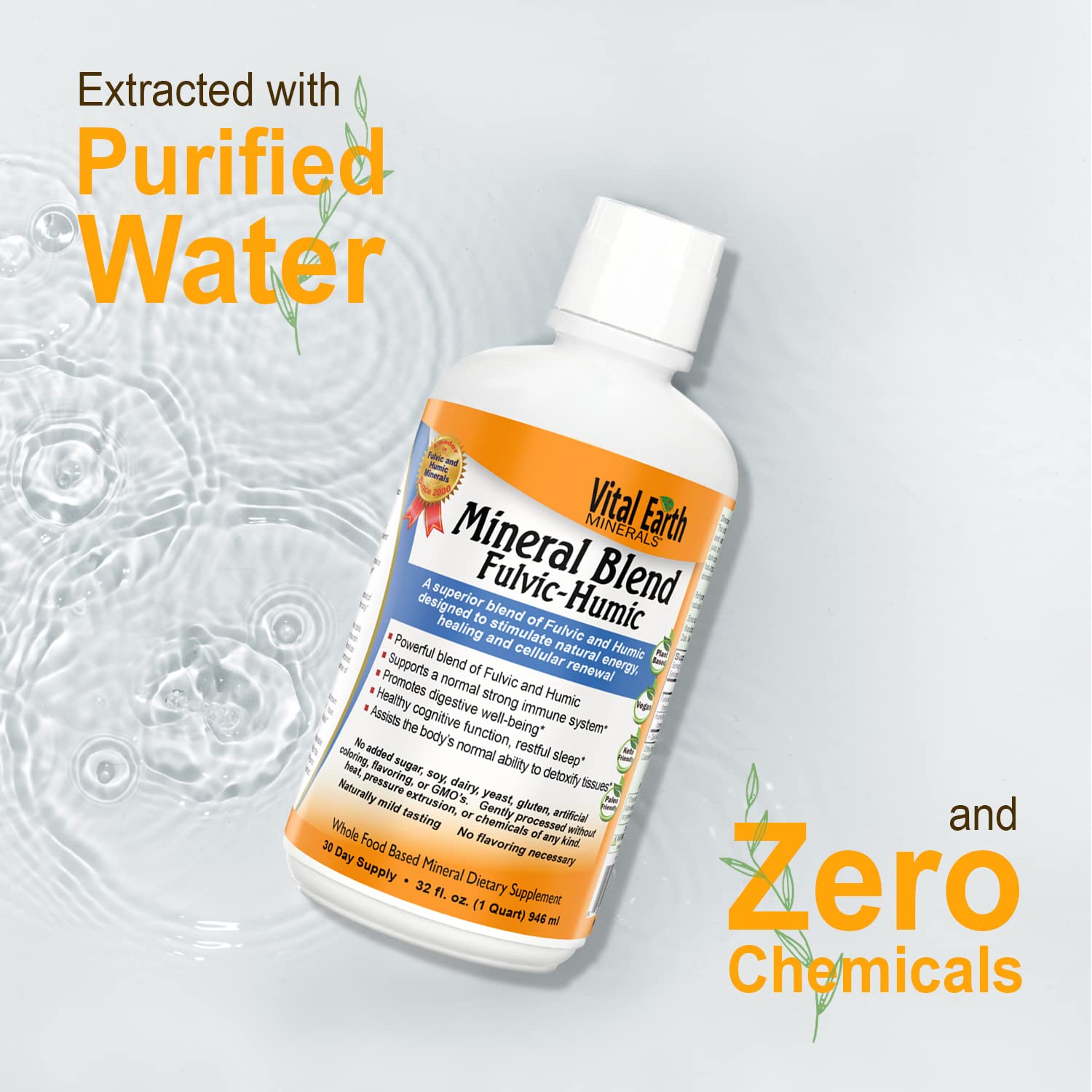 Vital Earth Minerals fulvic-humic liquid water-mix beside coffee for versatility