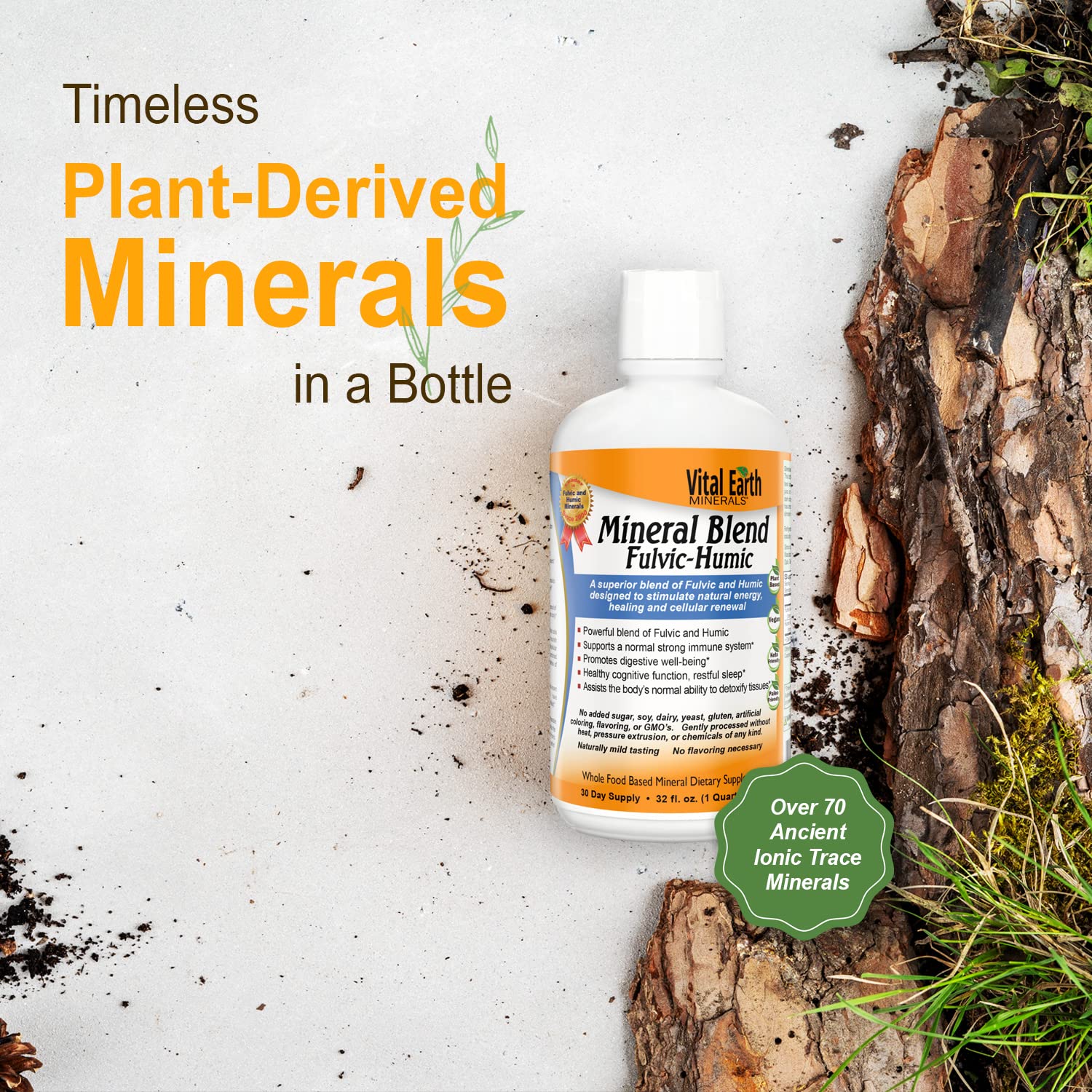 Vital Earth Minerals fulvic-humic liquid ingredients close-up highlights trace minerals