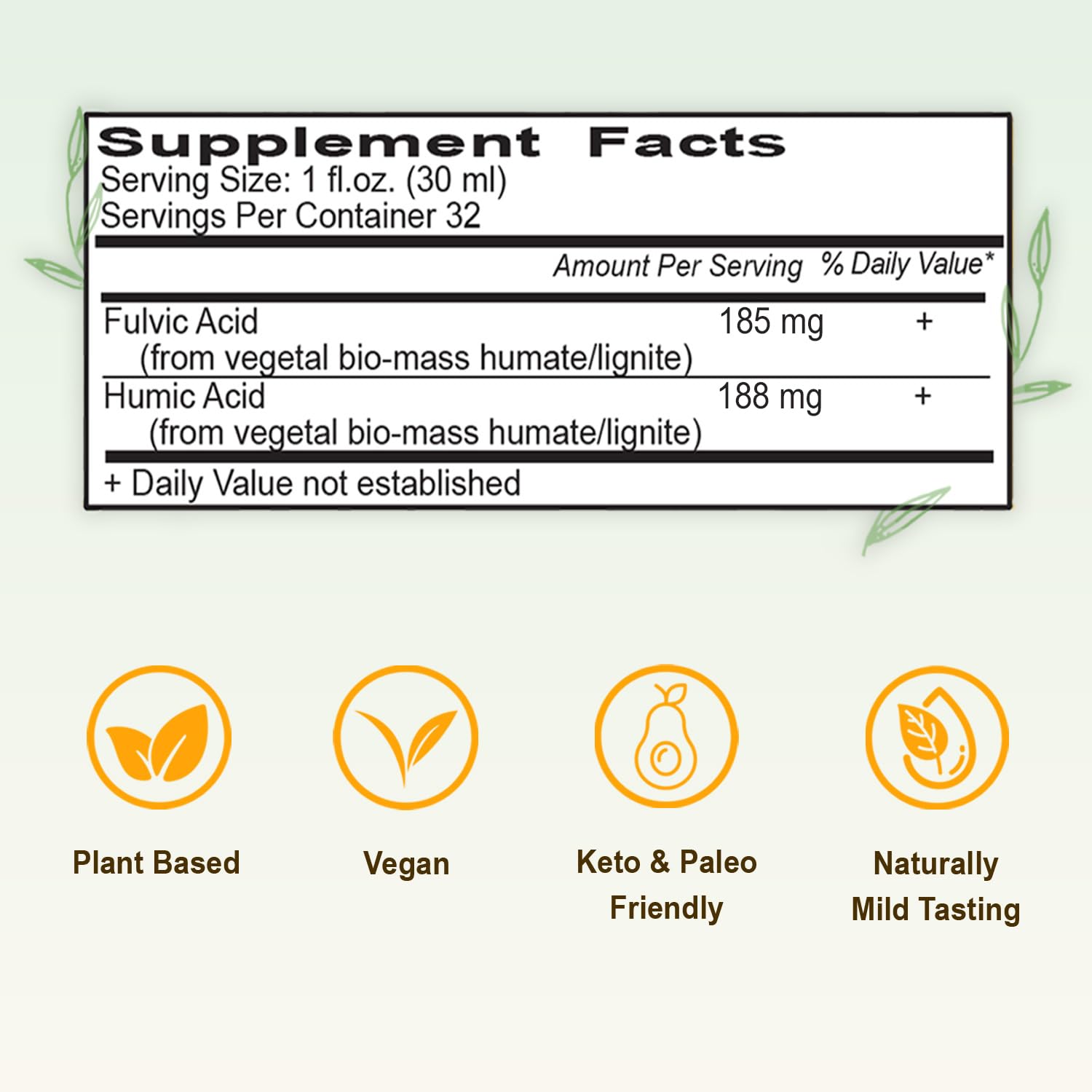 Vital Earth Minerals fulvic-humic liquid label emphasizes BPA-free bottle and 30-day supply