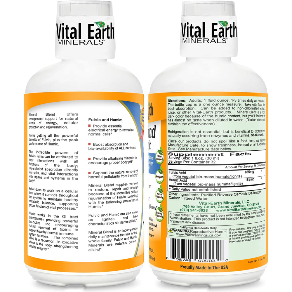 Vital Earth Minerals Fulvic Humic Mineral Blend bottle pouring into glass for easy mixing.