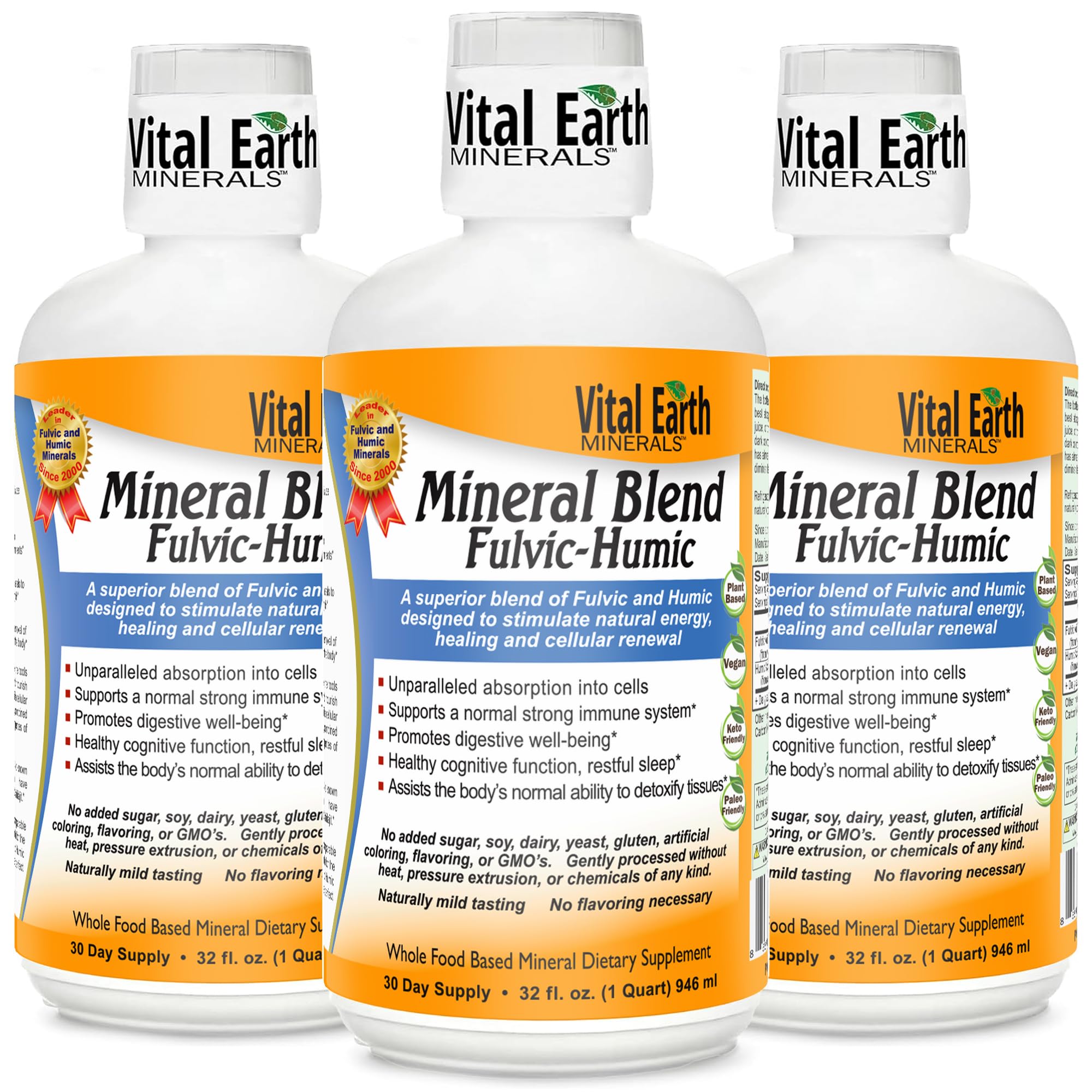 Vital Earth Minerals Fulvic Humic Mineral Blend bottle with label highlights minerals.