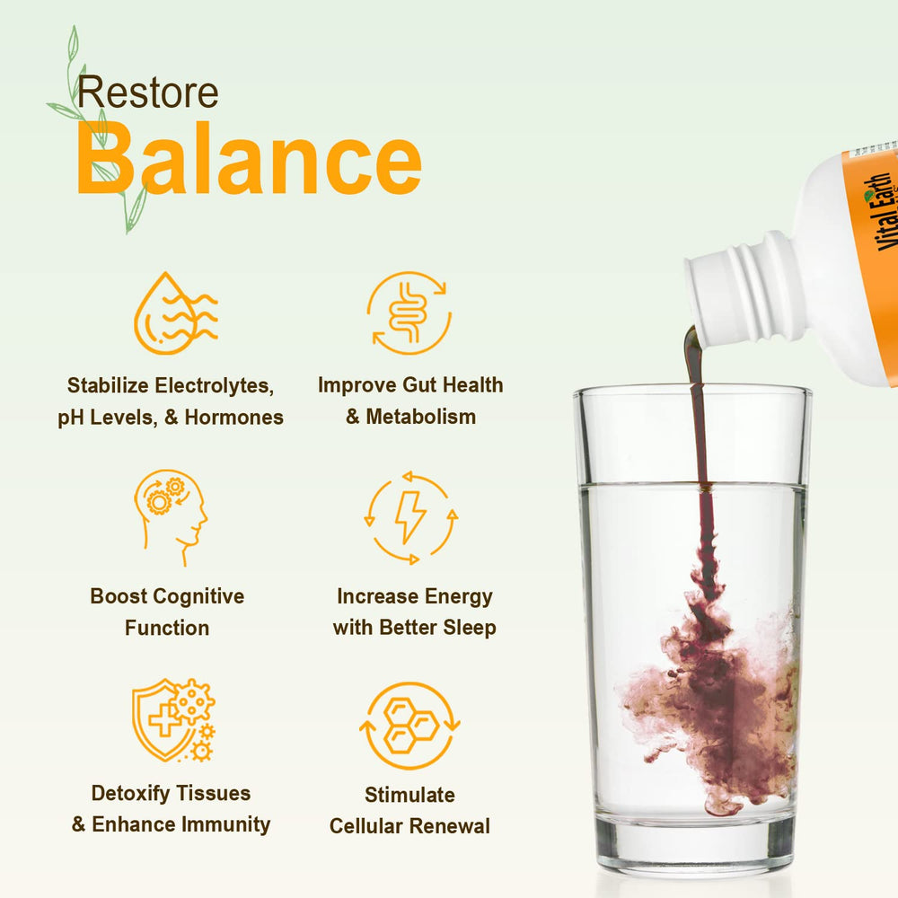 Vital Earth Minerals Fulvic Humic Mineral Blend bottle with water demonstrates alkaline balance concept.