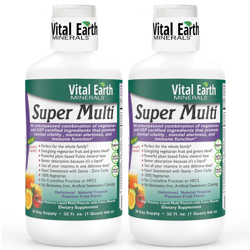 Vital Earth Minerals Super Multi bottle front view highlighting fulvic acid for better absorption.