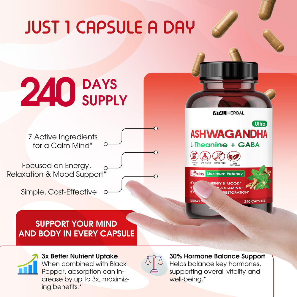 VITAL HERBAL Ashwagandha Complex bottle with spoon for daily use.