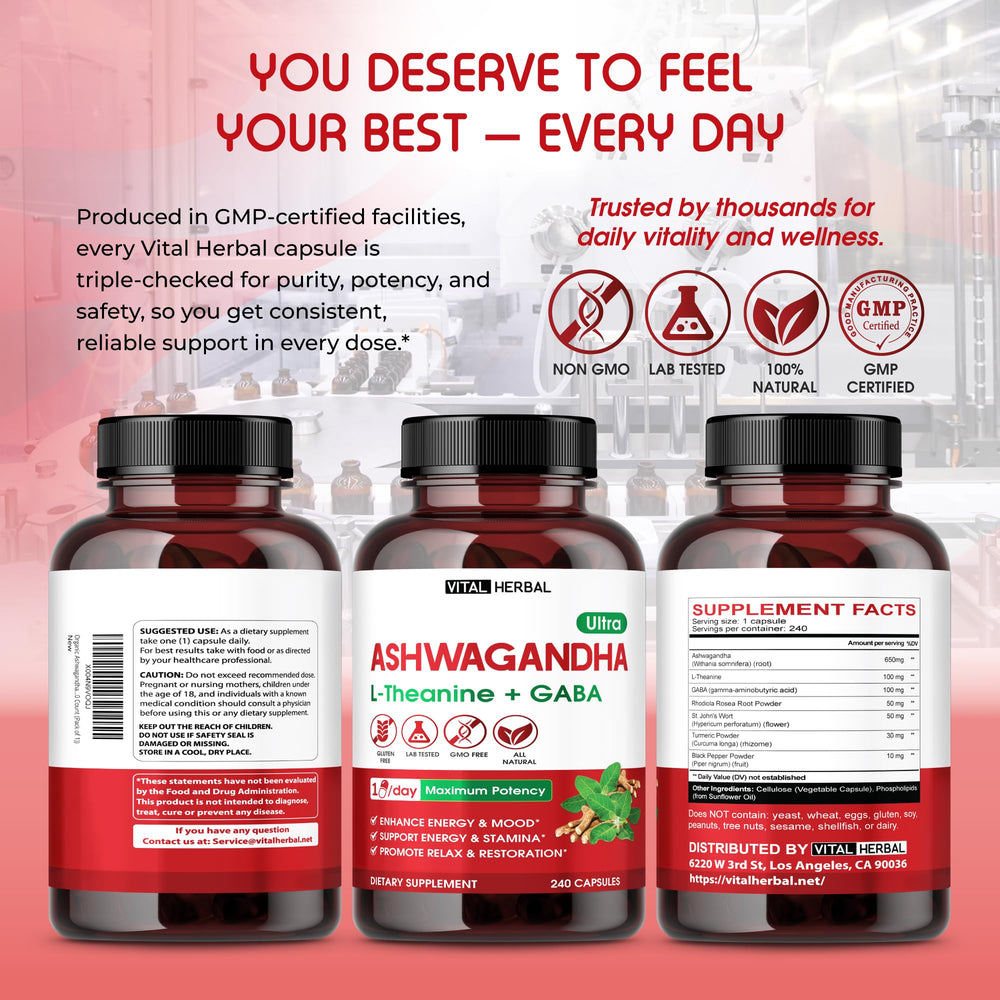 VITAL HERBAL Ashwagandha Complex wellness setup display.