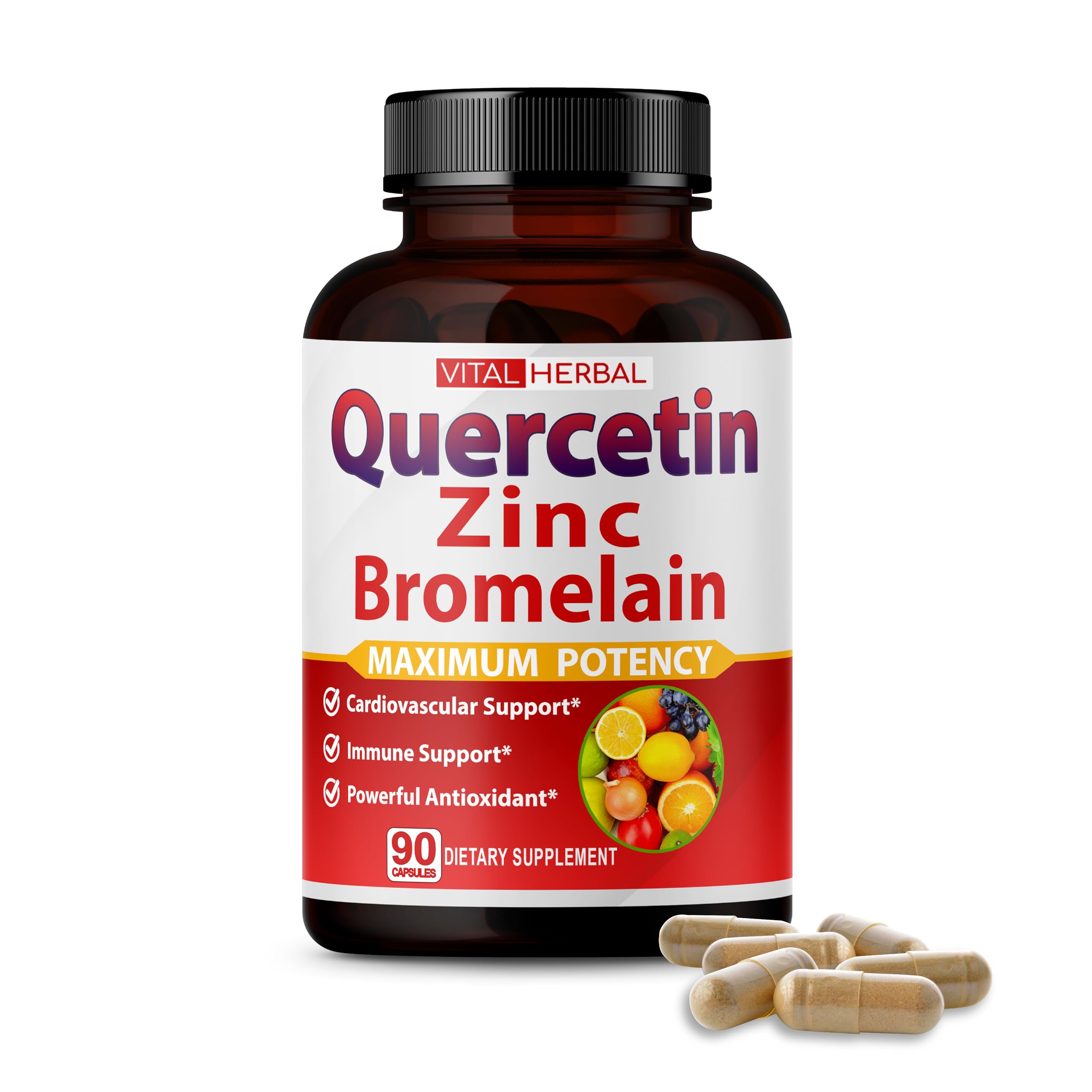 Vital Herbal Quercetin 98% bottle image highlighting high potency for daily wellness.
