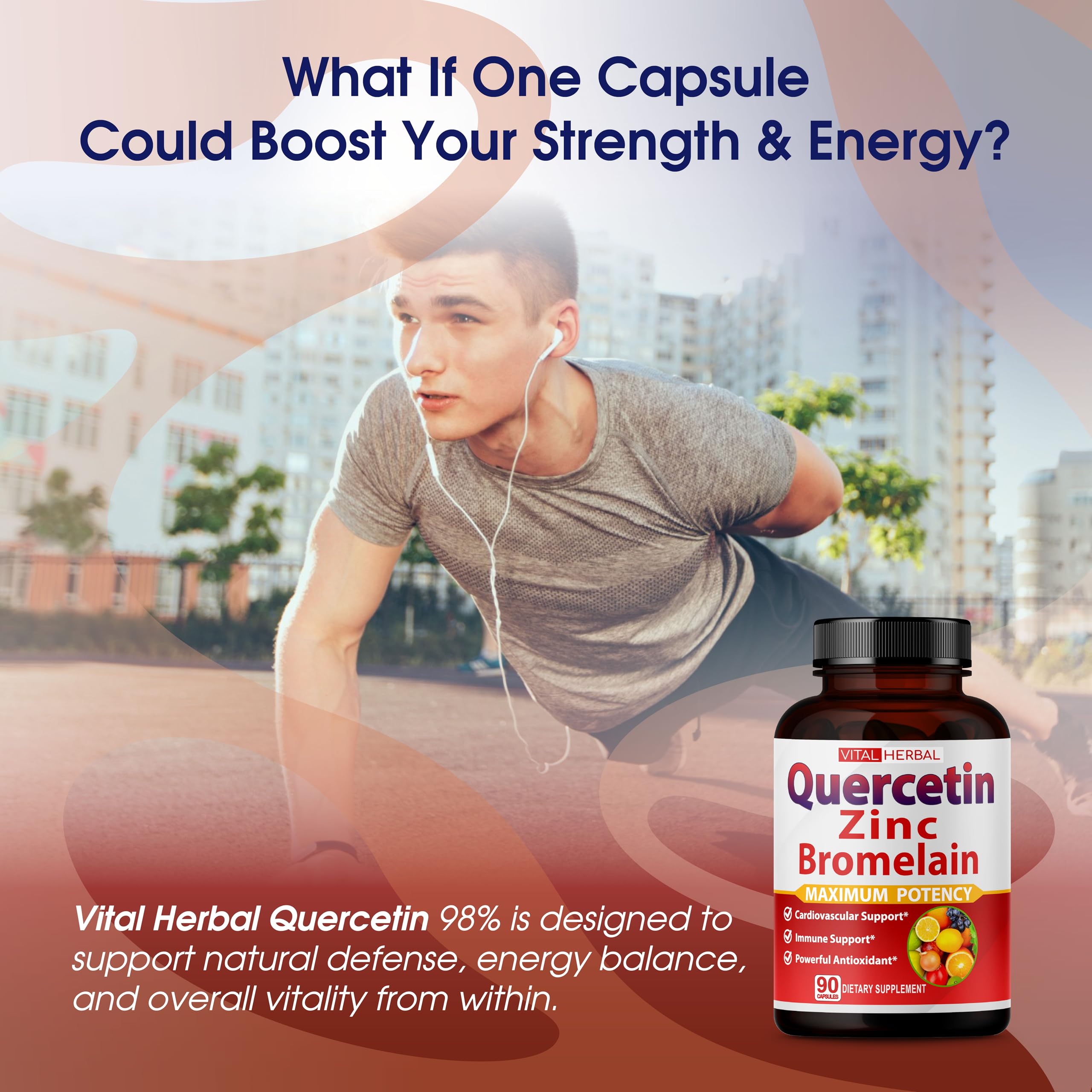 Vital Herbal Quercetin 98% capsules closeup emphasizing purity and controlled dosage.