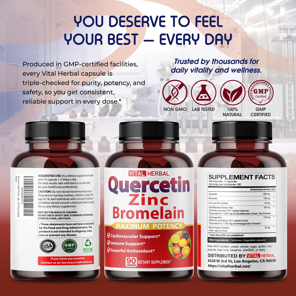Vital Herbal Quercetin 98% eco-friendly packaging emphasizing sustainability.
