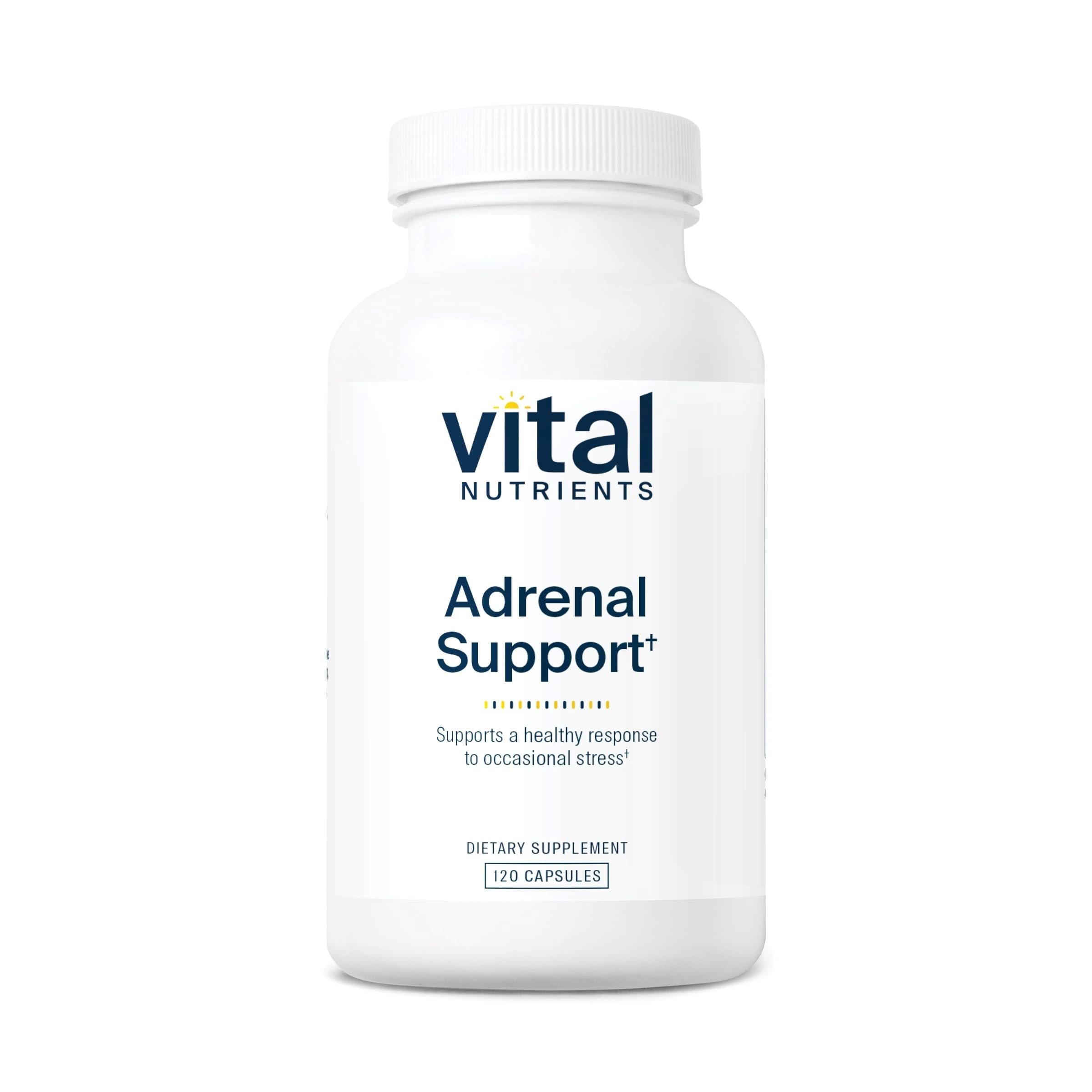 Vital Nutrients Adrenal Support bottle front with clean-label design for stress resilience.