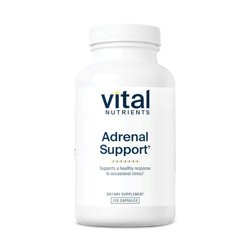 Vital Nutrients Adrenal Support bottle front with clean-label design for stress resilience.