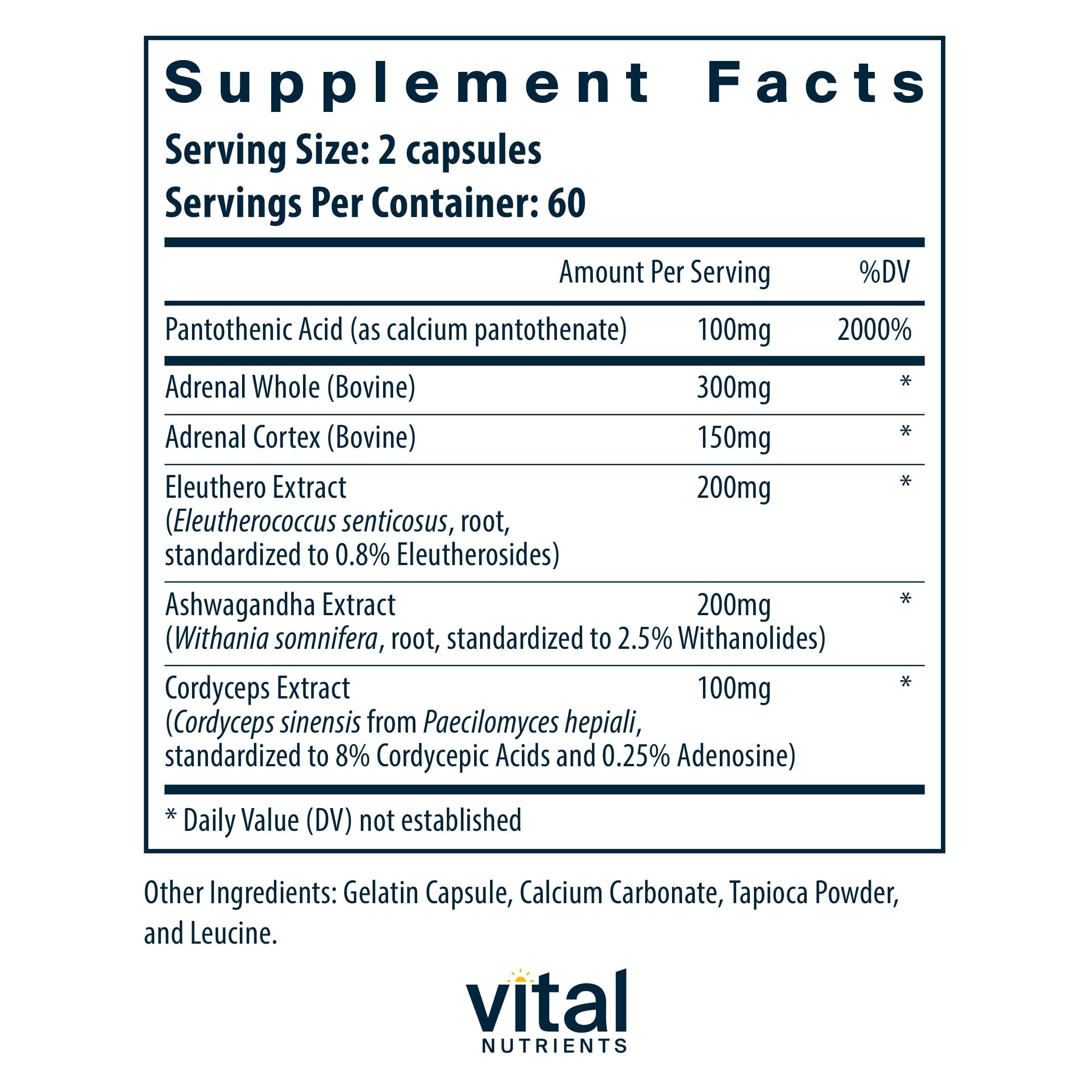 Vital Nutrients Adrenal Support capsules close-up, easy-to-swallow format for daily use.