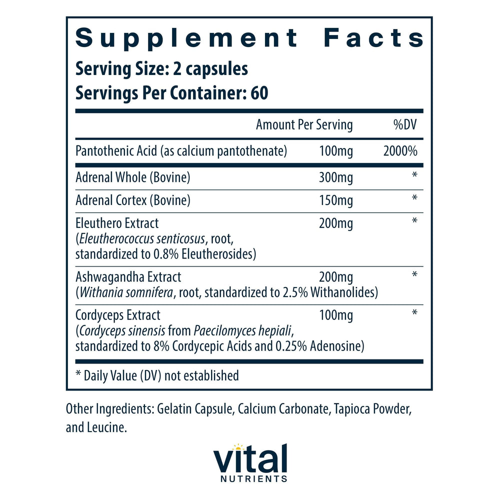 Vital Nutrients Adrenal Support capsules close-up, easy-to-swallow format for daily use.