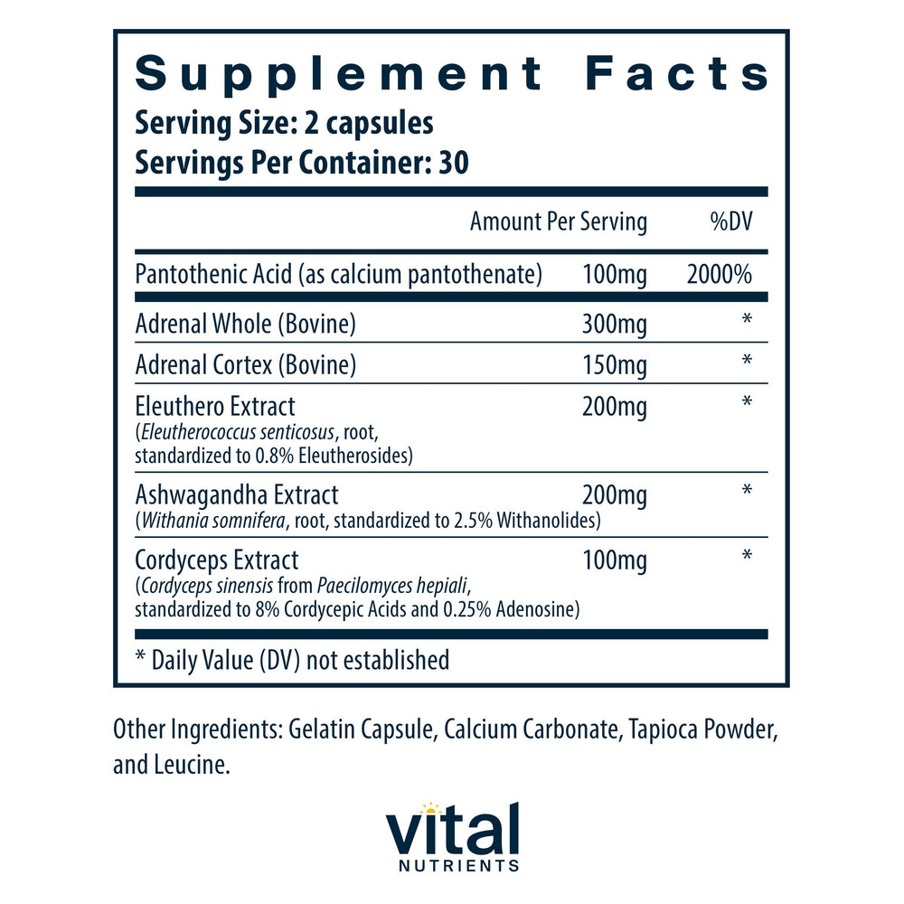 Vital Nutrients Adrenal Support capsules ready for daily stress management.