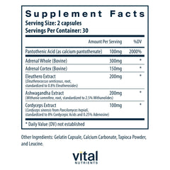 Vital Nutrients Adrenal Support capsules ready for daily stress management.