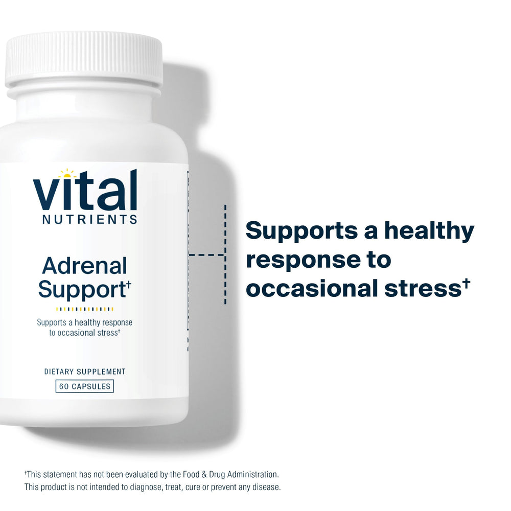 Close-up of Vital Nutrients Adrenal Support label highlighting allergen-free formula.