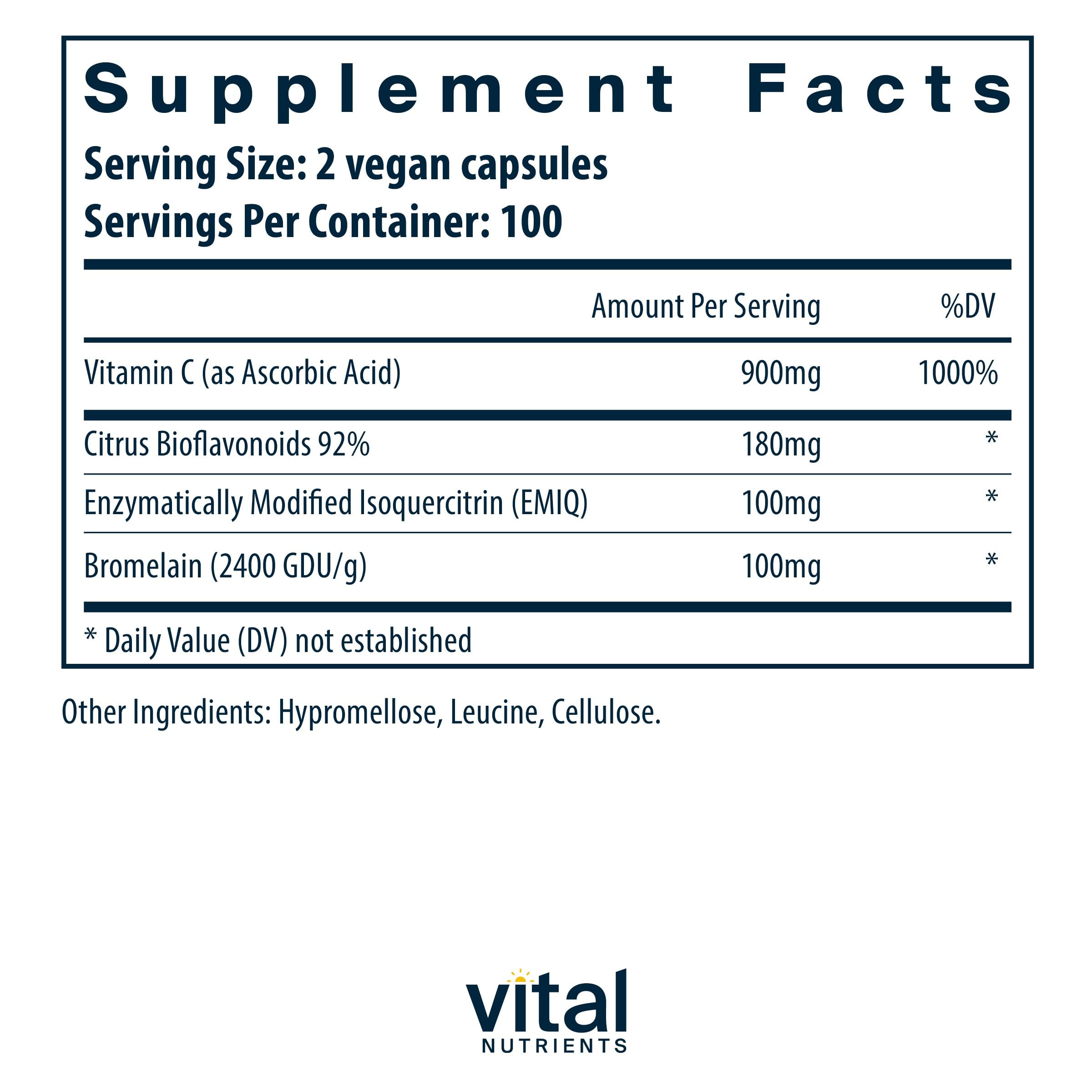 Vital Nutrients Aller-C bottle label highlighting vegan formula and key ingredients