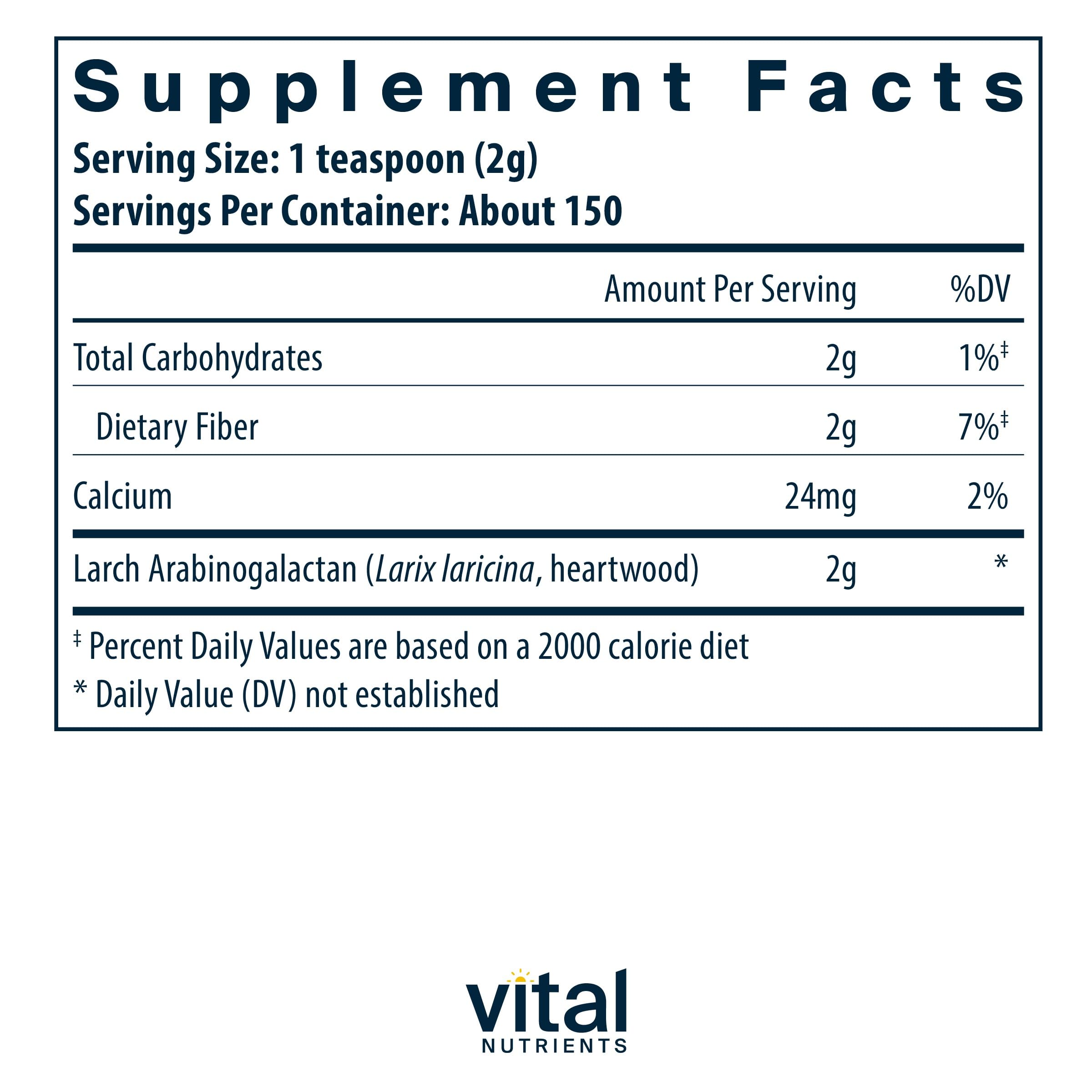 Vital Nutrients Arabinogalactan Powder with scoop ready for daily intake