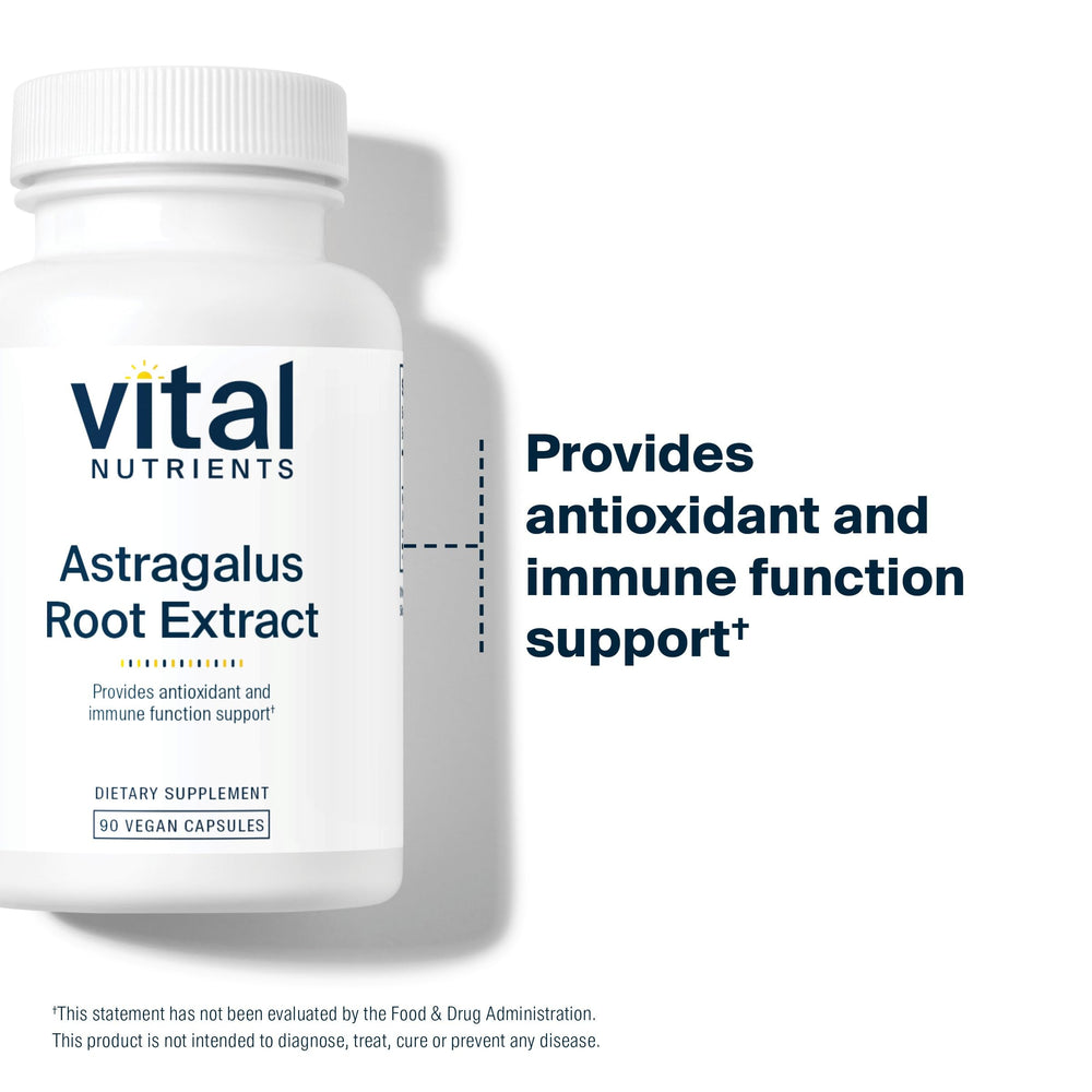 Vital Nutrients astragalus capsules close-up showing 300 mg per capsule.