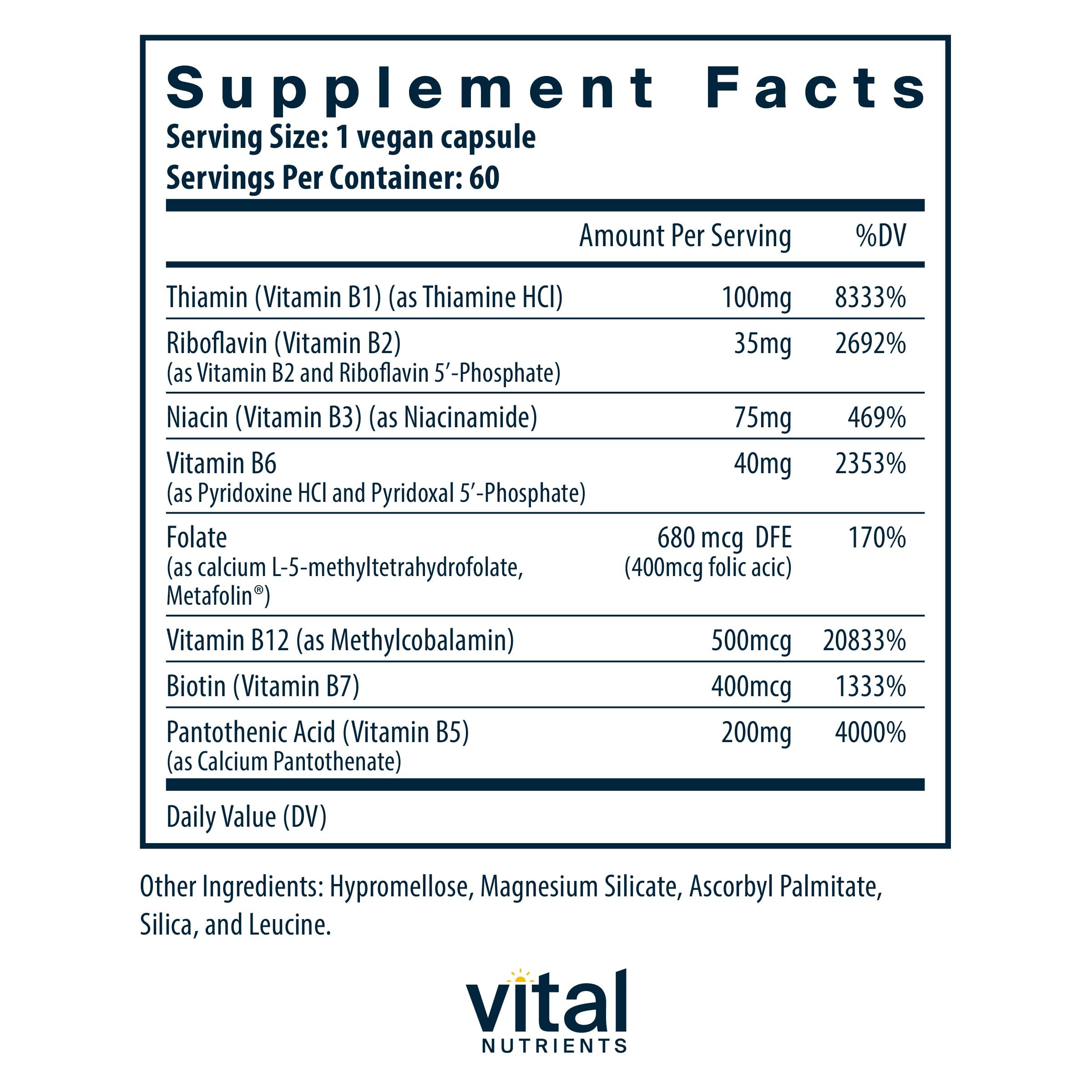 Vital Nutrients B-Complex capsules close-up showing methylated B12 and folate.