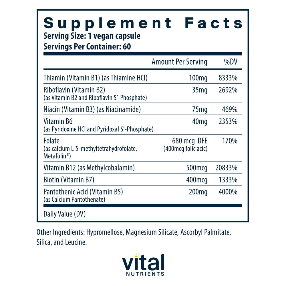 Vital Nutrients B-Complex capsules close-up showing methylated B12 and folate.