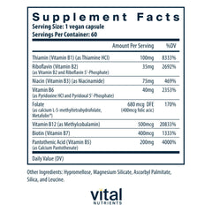 Vital Nutrients B-Complex capsules close-up showing methylated B12 and folate.