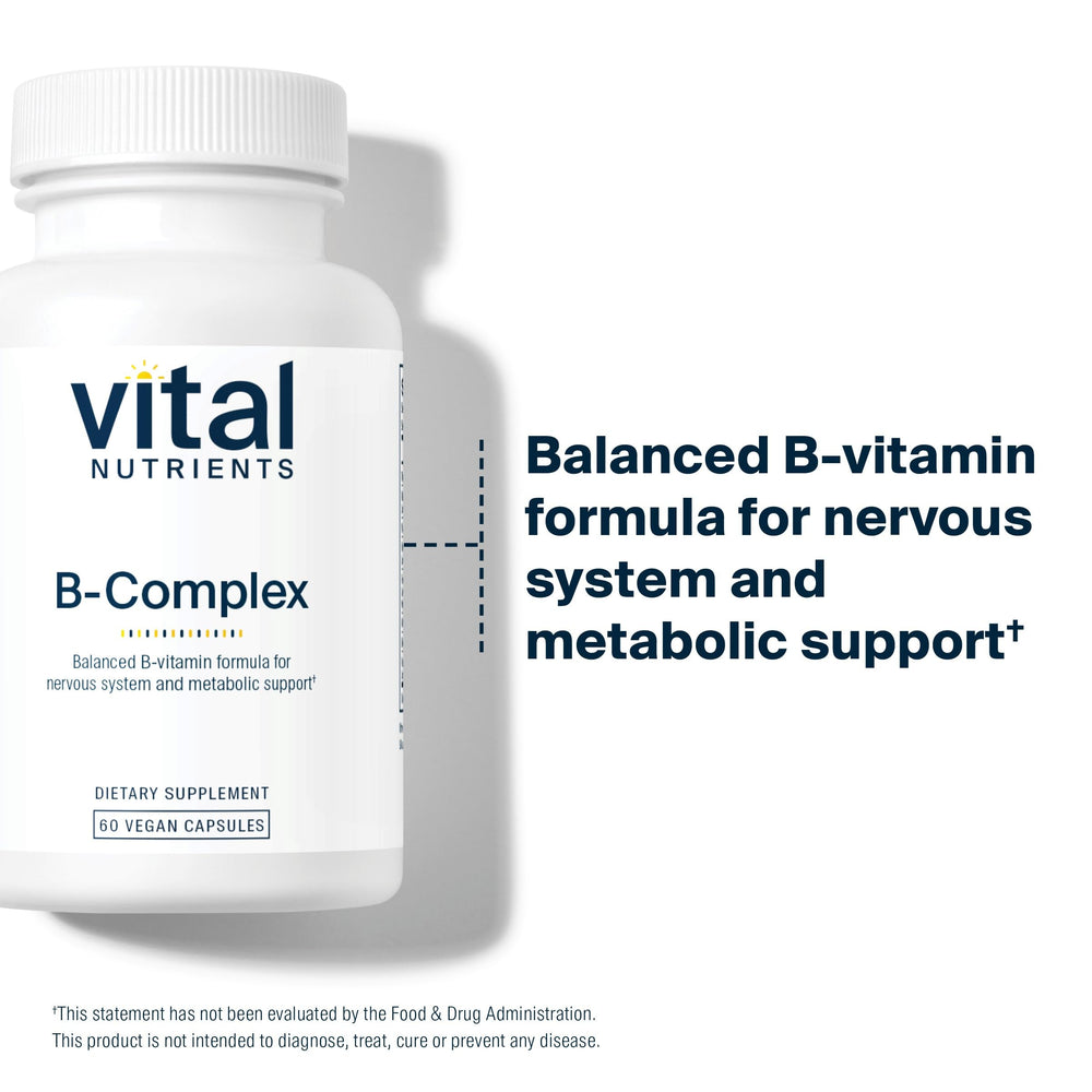 Vital Nutrients B-Complex label detail emphasizing allergen-free, clean-label claim.