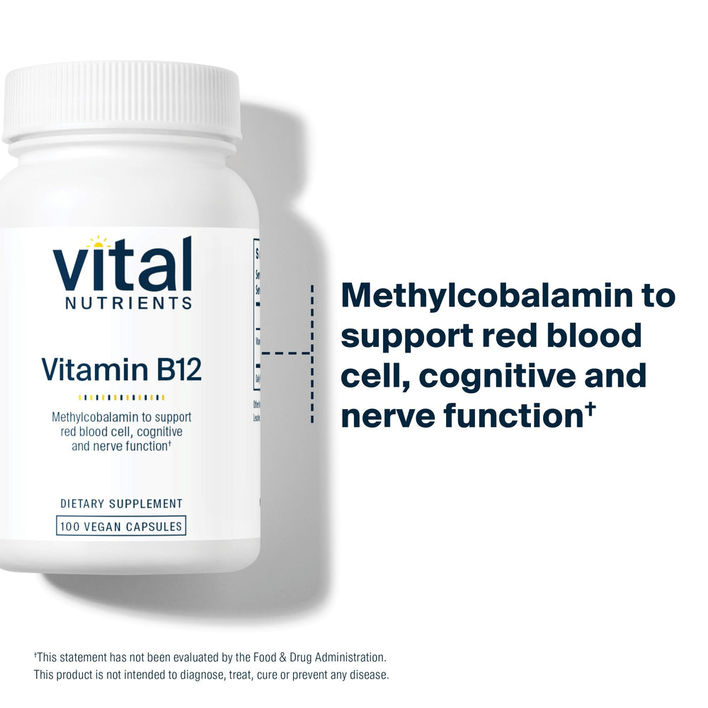 Daily use context with Vital Nutrients B12 bottle beside morning routine setup.