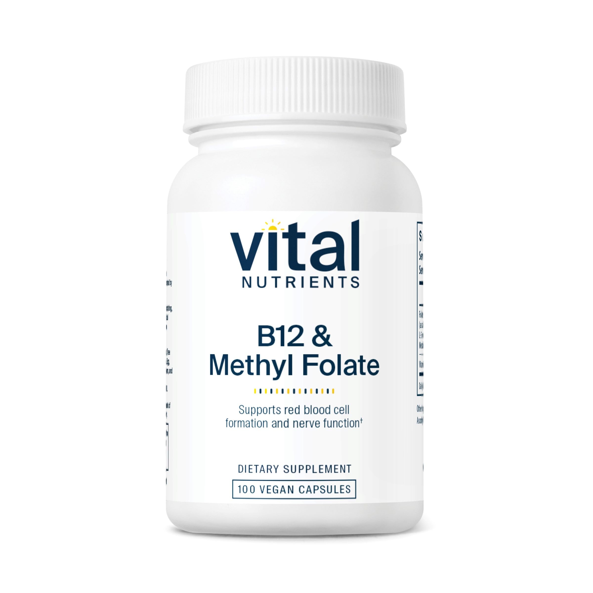Vital Nutrients B12 and methylfolate bottle showing vegan formula for energy support