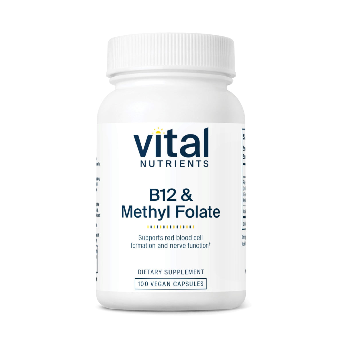 Vital Nutrients B12 and methylfolate bottle showing vegan formula for energy support