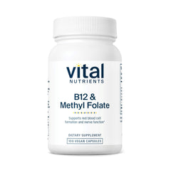 Vital Nutrients B12 and methylfolate bottle showing vegan formula for energy support