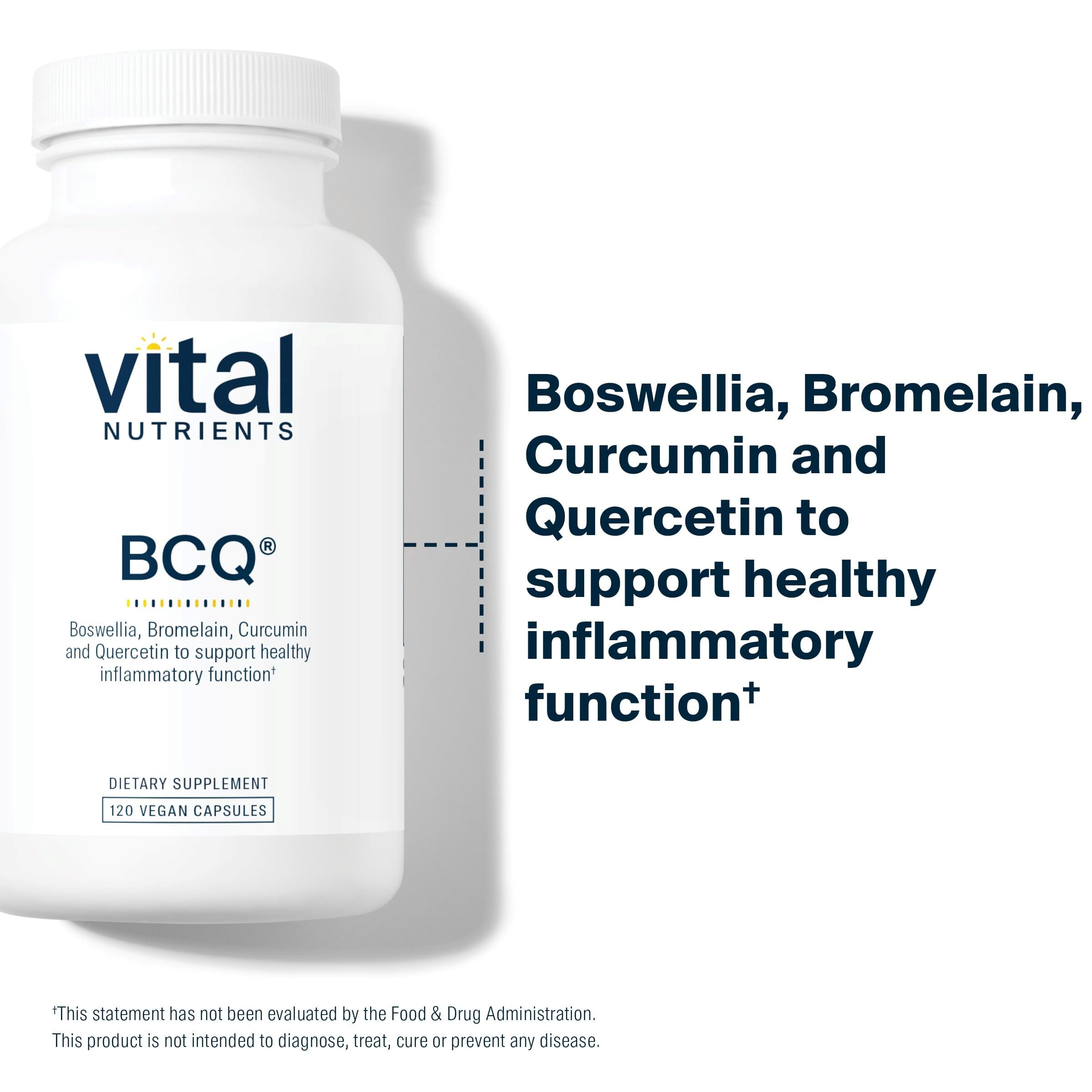 Vital Nutrients BCQ label close-up highlighting vegan, allergen-free formula.