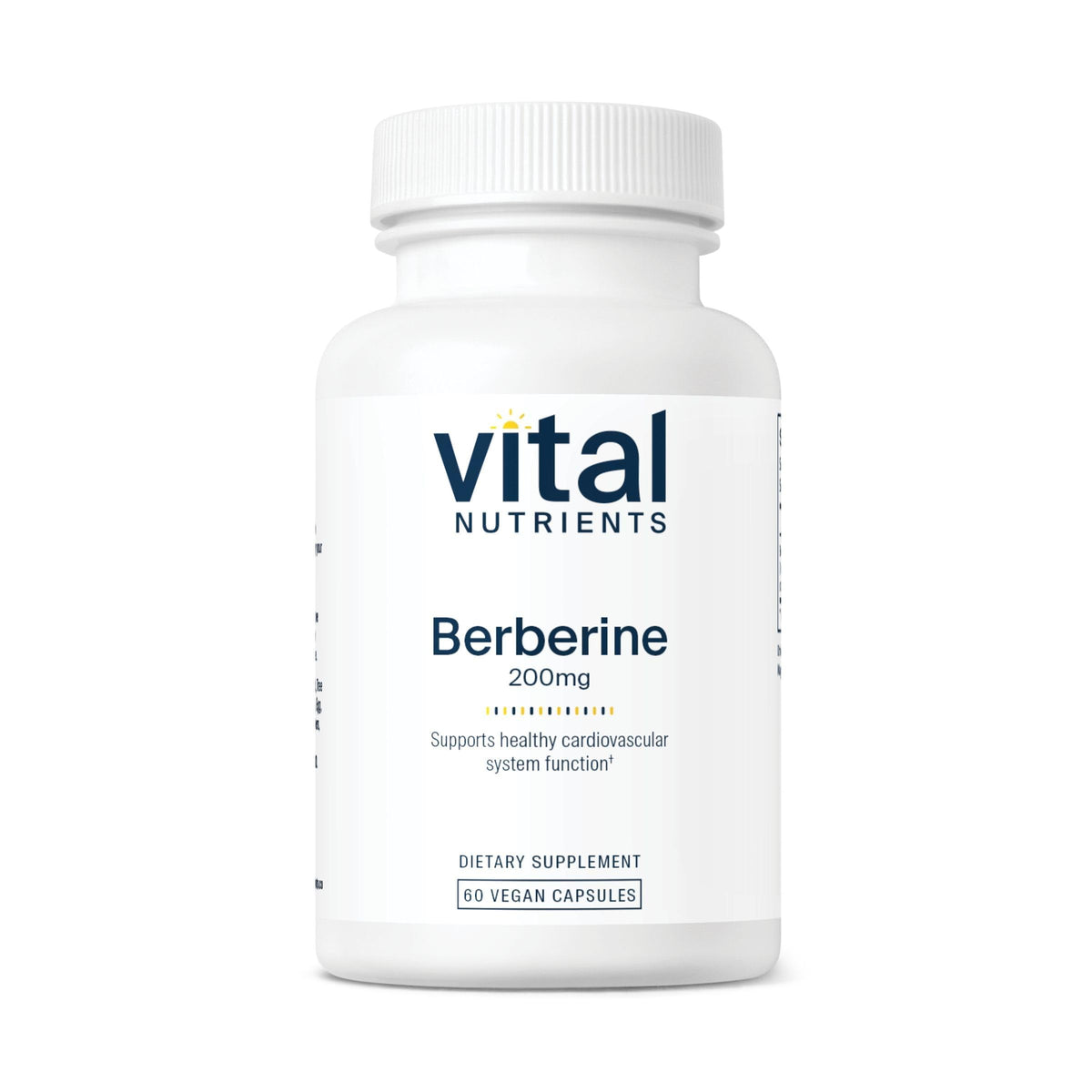 Vital Nutrients Berberine bottle label highlighting vegan-friendly formula for digestion and heart support.