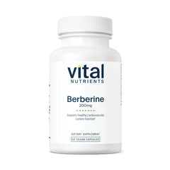Vital Nutrients Berberine bottle label highlighting vegan-friendly formula for digestion and heart support.