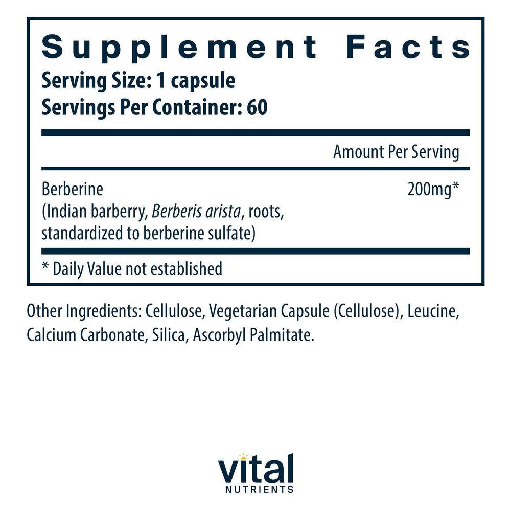 Vital Nutrients Berberine capsules close-up, vegan and allergen-free for daily use.