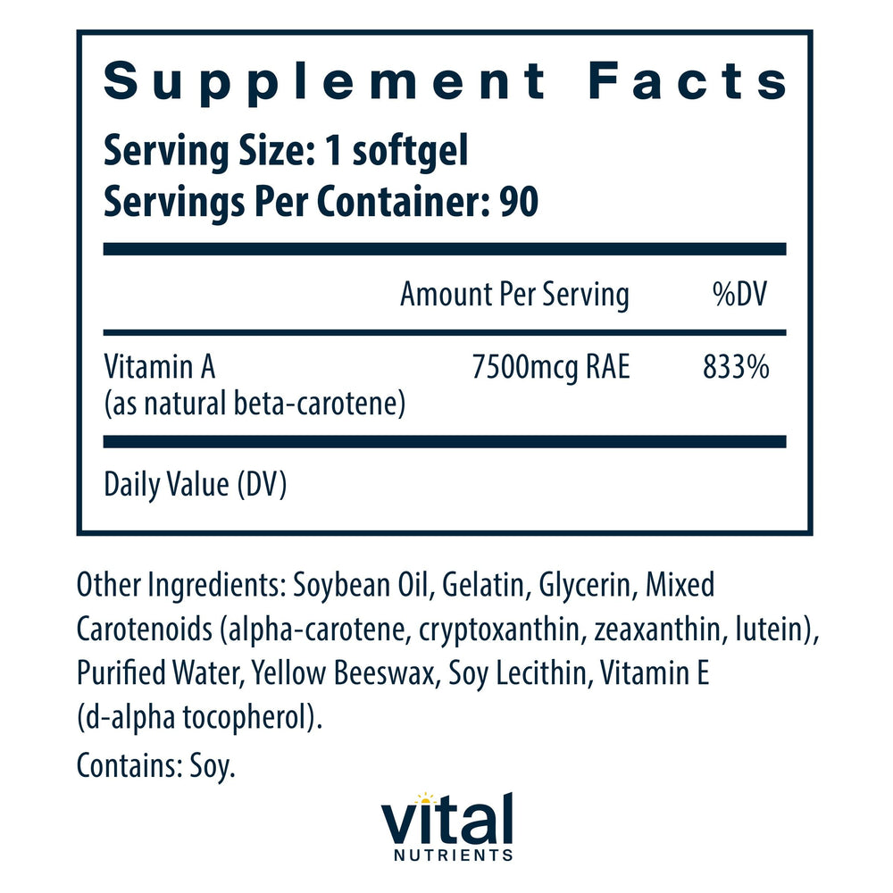 Vital Nutrients beta carotene bottle label highlights carotenoids and serving size