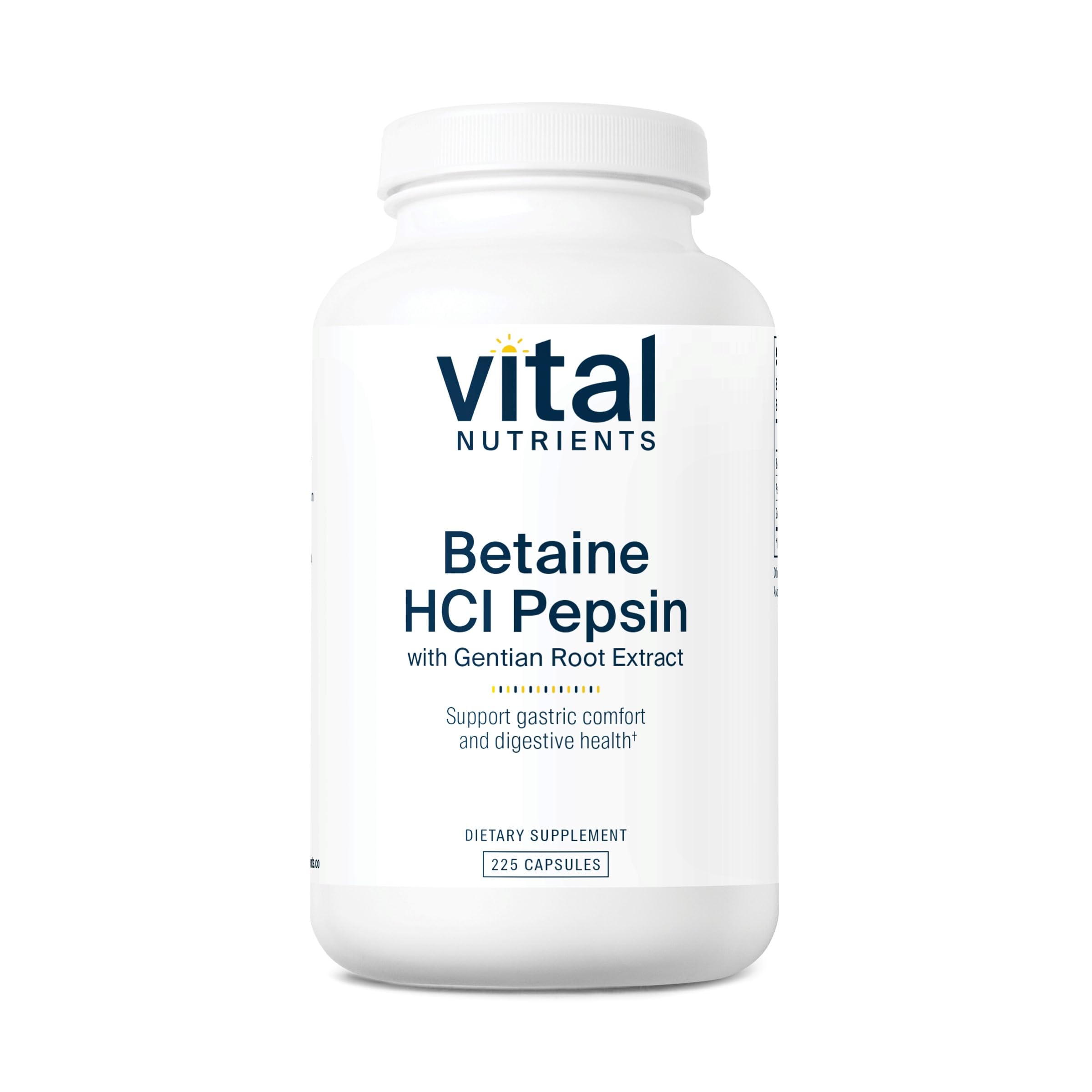 Vital Nutrients Betaine HCl Pepsin bottle label highlights allergen free clean formula for daily use