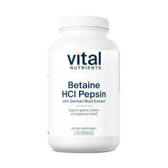 Vital Nutrients Betaine HCl Pepsin bottle label highlights allergen free clean formula for daily use