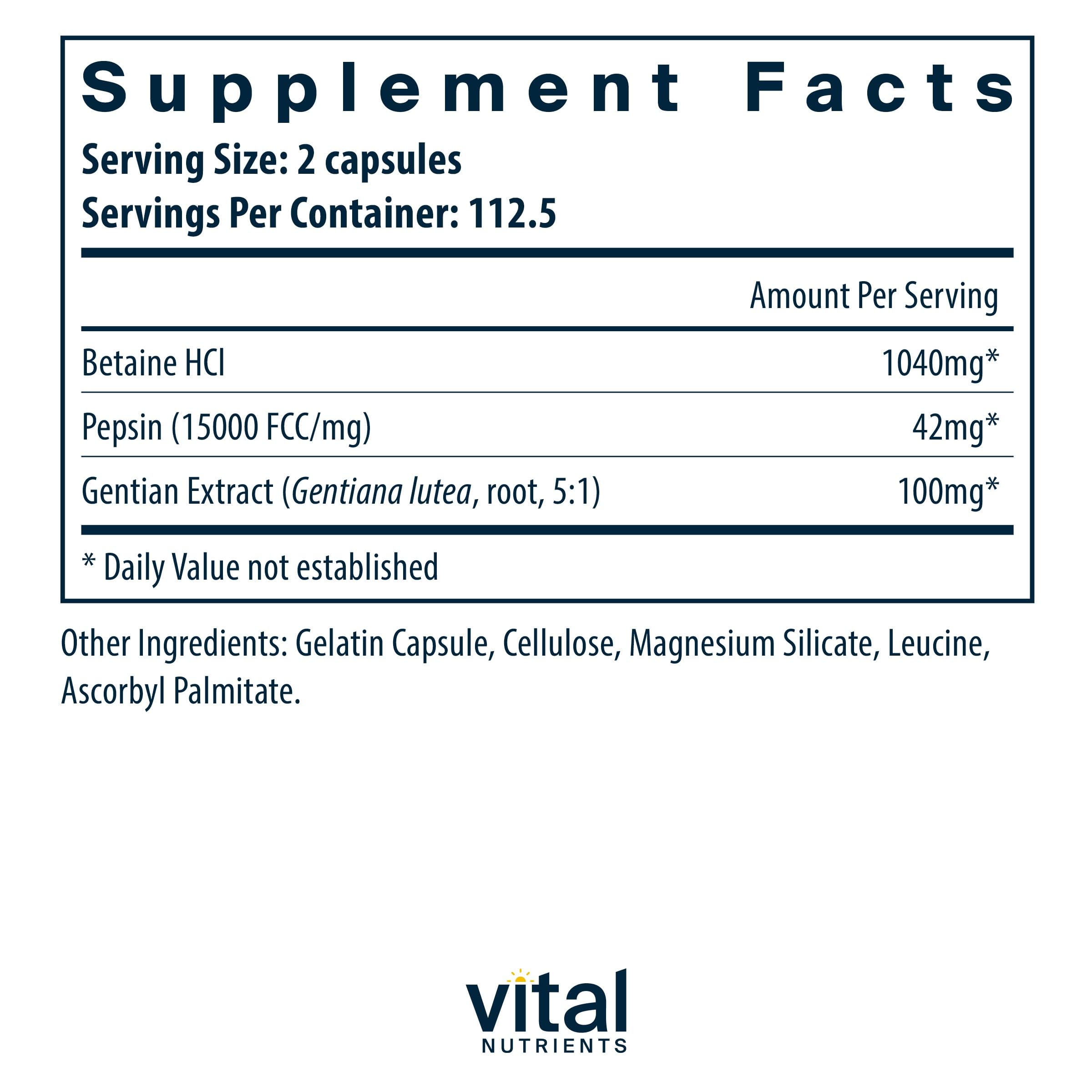 Vital Nutrients Betaine HCl Pepsin capsules close up for convenient daily dosing