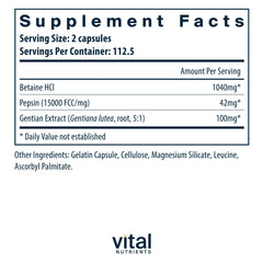 Vital Nutrients Betaine HCl Pepsin capsules close up for convenient daily dosing