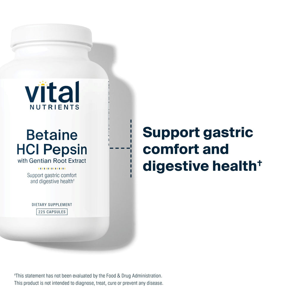 Vital Nutrients Betaine HCl Pepsin packaging front emphasizes gluten dairy and soy free formula