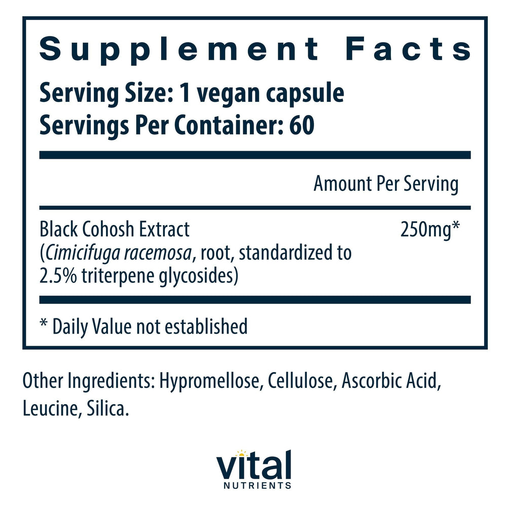 Vital Nutrients Black Cohosh Extract 250mg capsules for daily PMS comfort.