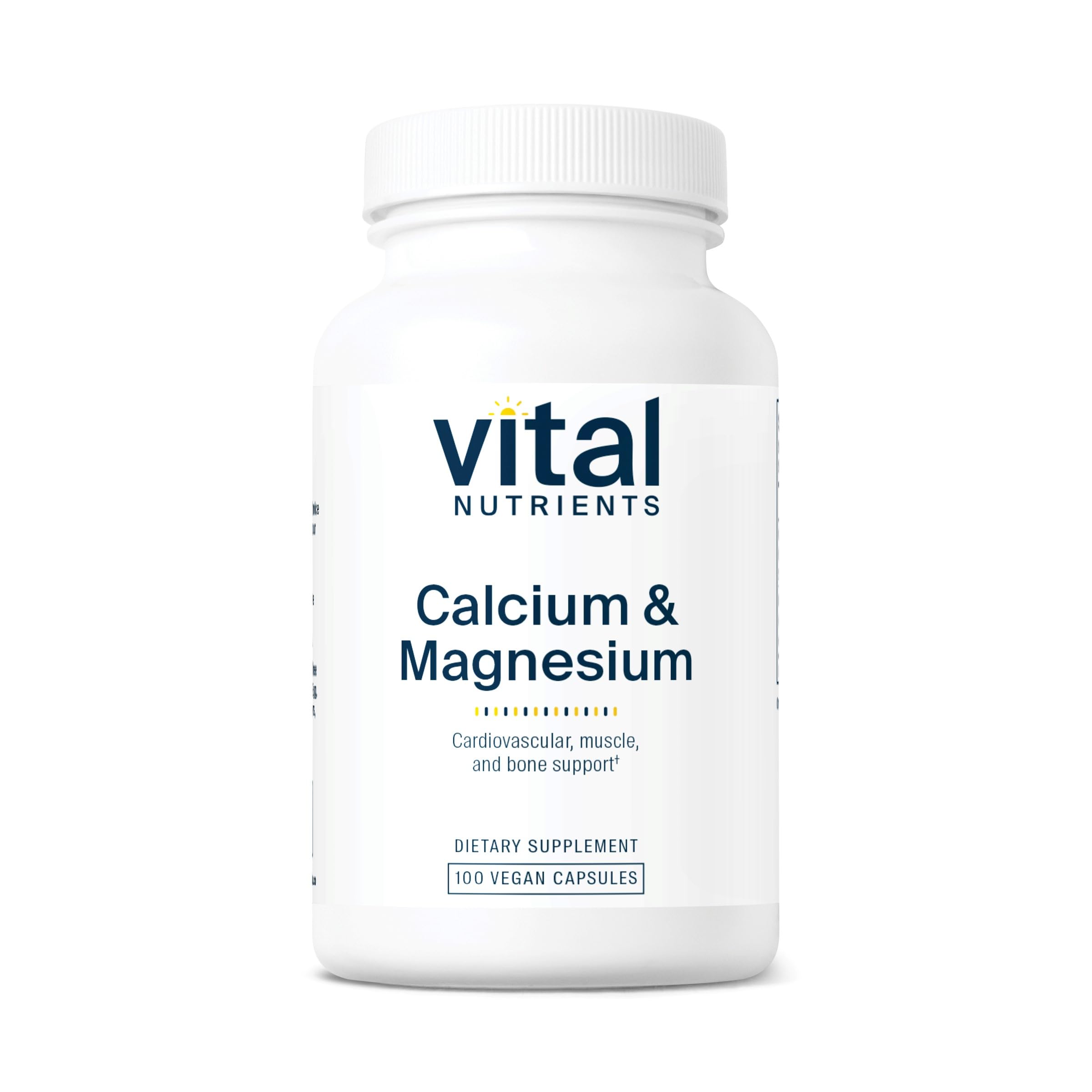 Vital Nutrients calcium–magnesium bottle front for vegan bone support in daily use.