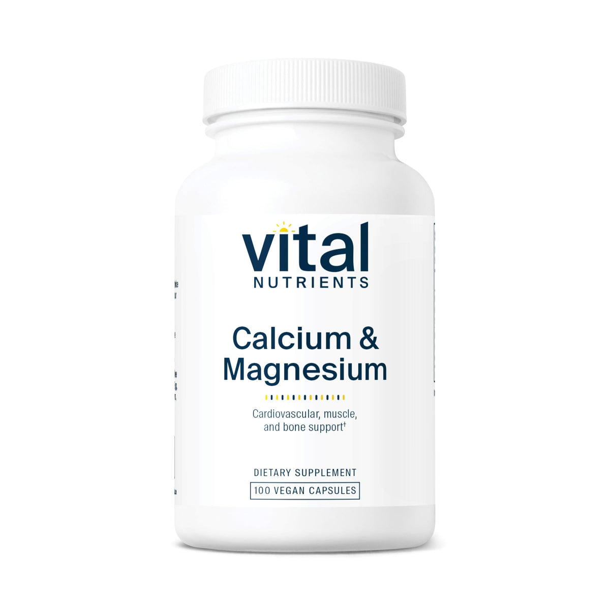 Vital Nutrients calcium–magnesium bottle front for vegan bone support in daily use.